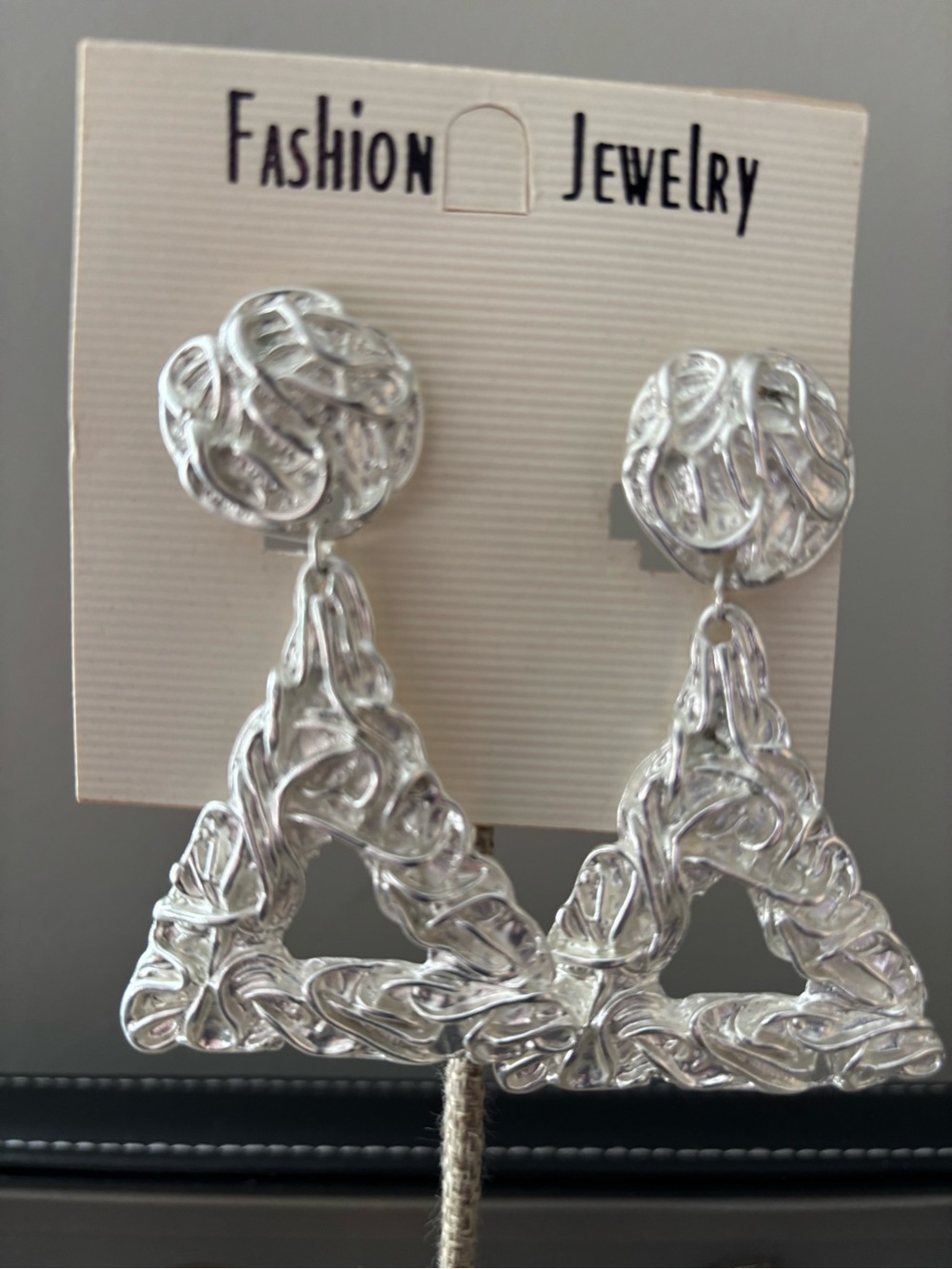 80’s 90’s Vintage Dead Stock Matte Silver Sculpted Triangle Drop Earrings 3”